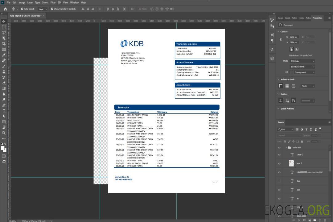 Modèle de relevé de preuve d'adresse de la banque KDB en Corée du Sud au format Word et PDF template Modèle de relevé de preuve d'adresse de la banque KDB en Corée du Sud au format Word et PDF template